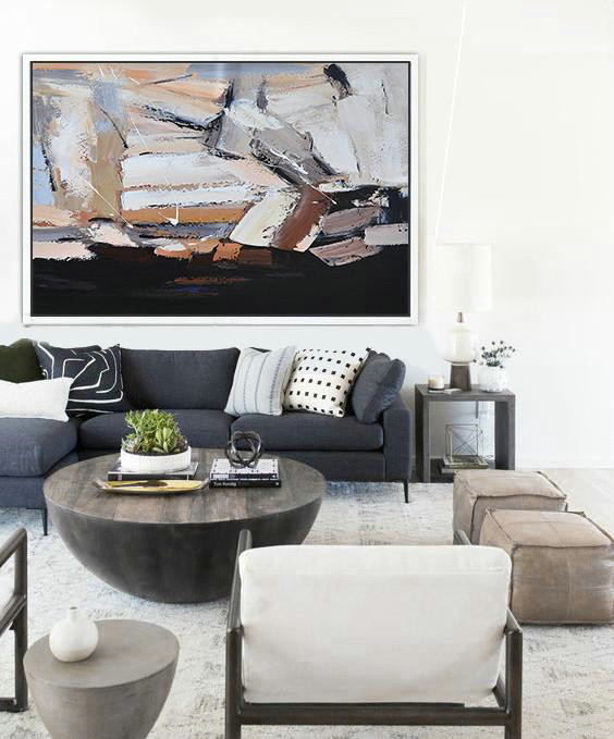 Oversized Horizontal Contemporary Art,Large Wall Art Home Decor,White,Grey,Brown,Black